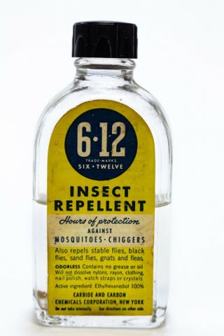 Vintage 6•12 Insect Repellent Glass Bottle Container 2fl.  Oz.  Six - Twelve 1/2 Full