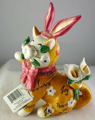 Amy Lacombe Whimsiclay Bunny Cat Figurine - Rabbit Ears & Flowers - Happy Easter