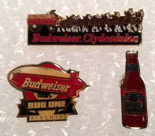 Vintage Set Of 3 Budweiser Pins Official Product Pins Bottle Bud One Clydesdales