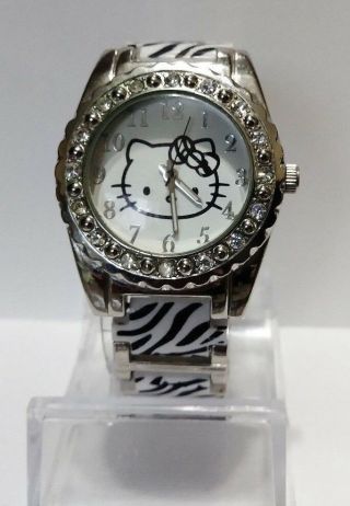 Sanrio Hello Kitty Quartz Watch Crystal Studded Bezel Zebra Print Band Hkaq2429