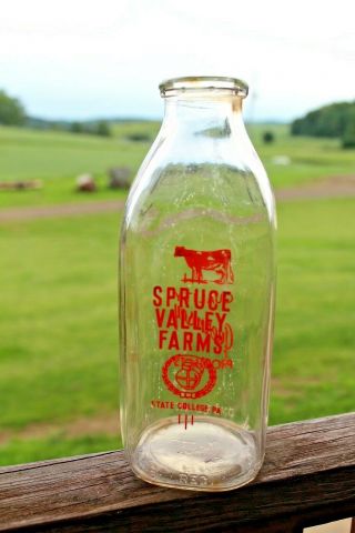 Vintage Quart Dairy Milk Bottle,  Spruce Valley Farms,  State College,  Pa