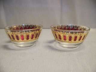 Set Of 2 Vintage Mid Century Culver Cranberry & 22 Kt.  Gold Scroll Design Bowls