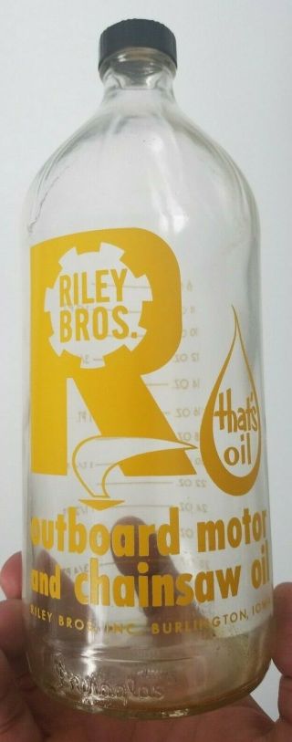 Rare 1950s Riley Bros Outboard Motor Chainsaw Oil Burlington Iowa Bottle