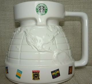 Vintage Starbucks White Globe Countries HOTJO Travel Mug W/ Lid USA 3