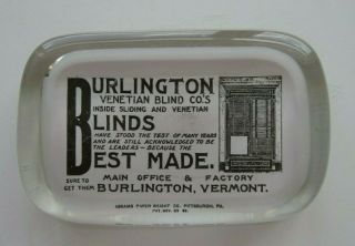 Burlington Vermont Venetian Blind Co.  Glass Advertising Paperweight Abrams