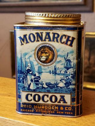 Monarch Brand Cocoa Tin 1923 Reid & Murdock Lion W/ Delft Dutch Scene 8 Oz Jar
