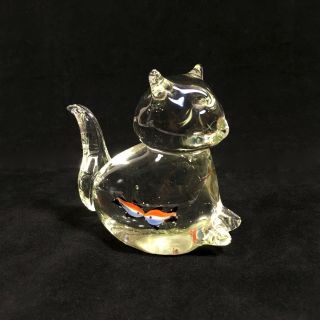 4 " Blown Art Glass Cat Figurine With Two Colorful Fish In Belly,  Fat Kitty Decor