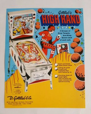 1973 Gottlieb High Hand Vintage Pinball Machine Flyer Ad Nos