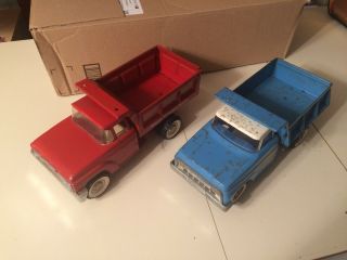 Tonka And Structo Hydraulic Dump Trucks,  Both In,  1 Blue And 1 Red