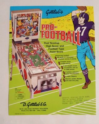 1973 Gottlieb Pro Football Vintage Pinball Machine Flyer Ad Nos