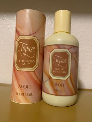 Avon Topaze Perfumed Talc 3.  5 Oz.  Topaze Luxury Bath Foam 6 Fl.  Oz