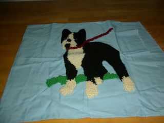 Vtg Handmade Punch Hooked Boston Terrier W/blue Pillow Casing