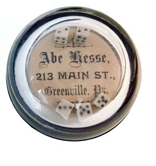 C.  1910s Advertising Paperweight W/ 5 Dice,  Abe Hesse Clothing,  Greenville,  Pa