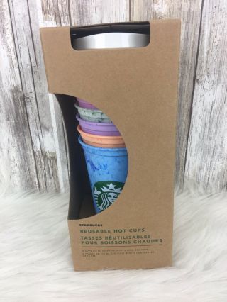 Starbucks Reusable Marble Hot Cup Pack Of 6 W/lids 16oz Summer 2019