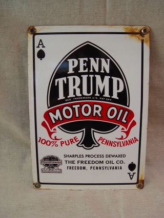 Penn Trump Motor Oil Older Porcelain Advertising Gas Sign Ace Of Spaces Logo