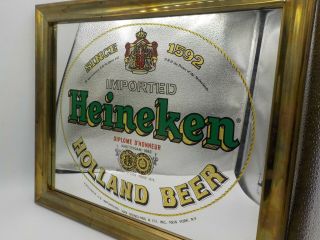 Vintage Heineken Beer Brass Tone Framed Bar Advertising Mirror