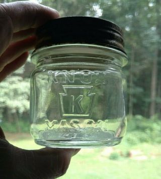 Vintage K In Keystone Clear Knox Mason 1/2 Half Pint Jar & Tin Lid