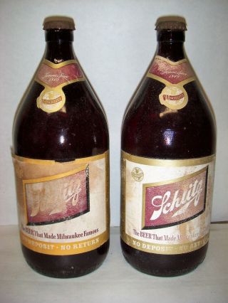(2) Vintage 1950 Jos Schlitz Royal Ruby Qt Beer Bottles W/original Labels & Caps