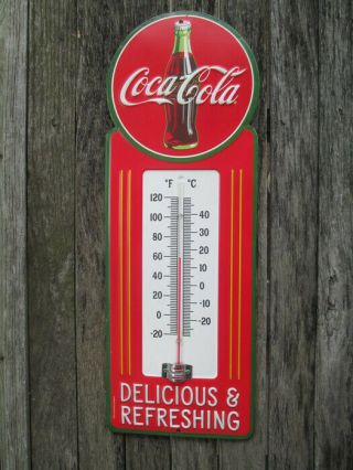 Coca - Cola Thermometer Vintage Look Red Contour Bottle Script Logo -
