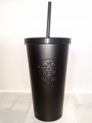 Starbucks Stainless Steel Cold Cup Matte Black 16 Fl Oz Rare 2014 Coffee Straw A