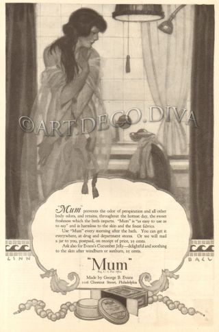 Antique 1920 Mum Deodorant Bathroom Bath Beauty Girl Shower Tub Linn Ball Art Ad