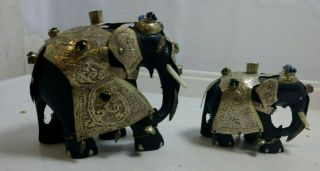 Solid Ebony Wood Hand Carved Idian Elephants Decorated Metal Sheild Gem