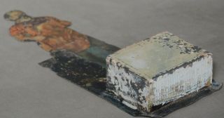 Antique Litho Tin Wall Match Safe Holder VULCAN PLOWS Implements Farm Ad Striker 6