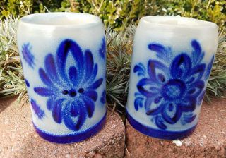 4 Set German Salt Glazed Stoneware Small Beer Stein Mug Shot Glass Floral Flower