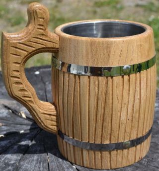 Wooden Beer Mug Tankard With Metal Insert 0.  65l Light Tinted Oak Handmade Coffee
