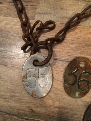 Vintage Livestock Tags four BRASS 36,  37,  38,  40 & one W/ Chain 55 not brass 2 