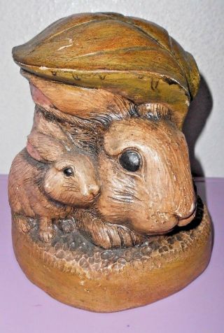 The Stone Bunny Inc Brown Bunny Under Rust Color Leaf Figure Statue