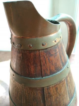 Antique/vintage French Oak Coopered Cider Jug/pitcher Copper Hoops 10 3/4 " (28
