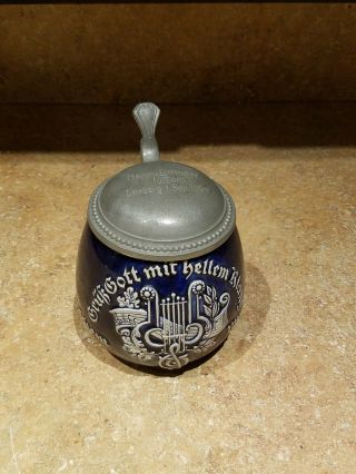 Antique German Stoneware Cobalt Blue Glaze Flowers Beer Stein Mug Pewter Lid