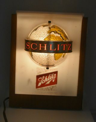 Vintage Schlitz Beer Lighted Motion Spinning Globe Bar Top Sign Man - Cave Bar