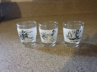 Vintage Set Of 3 Shot Glasses Retro Down The Hatch,  Drinks Are On The House