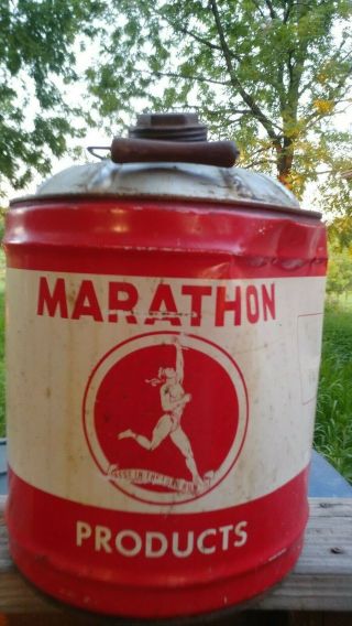 Vintage Marathon Products 5 Gallon Oil Can Endurance Premium 30w Has Dent