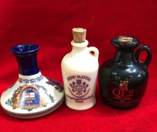 3 Old Pottery Whiskey Jugs Vintage Miniature Liquor Bottles
