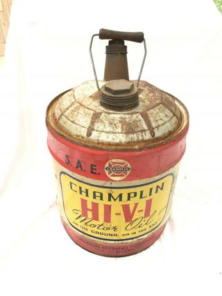 Champlin Hi - V - 1 Motor Oil,  Oil Can With Top With Patina