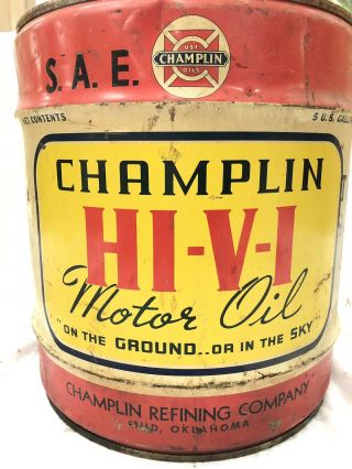 CHAMPLIN HI - V - 1 MOTOR OIL,  OIL CAN WITH TOP WITH PATINA 2