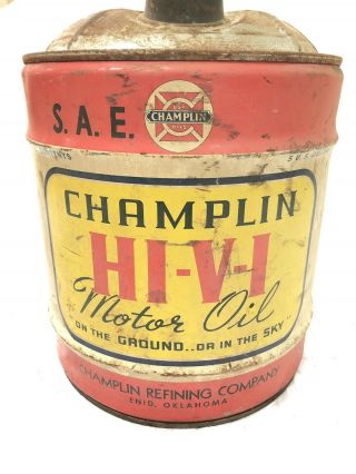 CHAMPLIN HI - V - 1 MOTOR OIL,  OIL CAN WITH TOP WITH PATINA 4