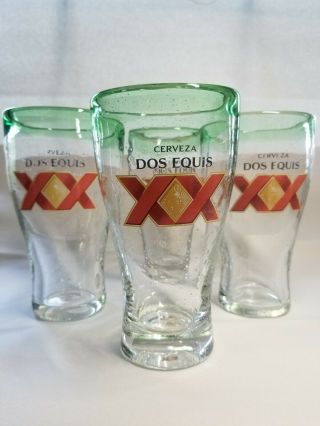 Set Of 4 Dos Equis Xx Hand Blown Mexican Beer Glass 16 Oz 6” Green Rim