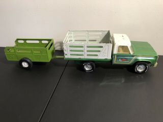 Vintage Nylint Farms Pressed Steel Livestock Truck With Trailer Green Retro Toy