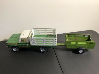 Vintage NYLINT Farms Pressed Steel Livestock Truck With Trailer Green Retro Toy 2