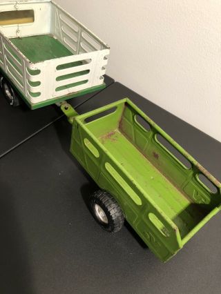 Vintage NYLINT Farms Pressed Steel Livestock Truck With Trailer Green Retro Toy 4