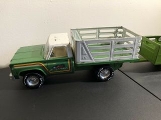 Vintage NYLINT Farms Pressed Steel Livestock Truck With Trailer Green Retro Toy 5