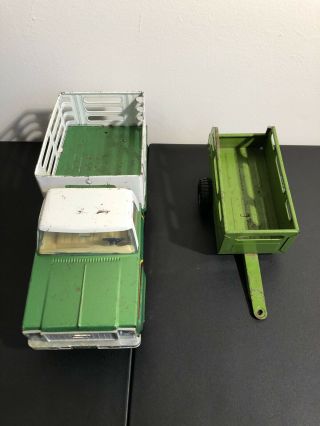 Vintage NYLINT Farms Pressed Steel Livestock Truck With Trailer Green Retro Toy 6