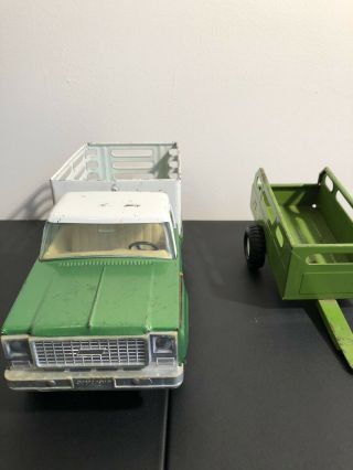 Vintage NYLINT Farms Pressed Steel Livestock Truck With Trailer Green Retro Toy 7