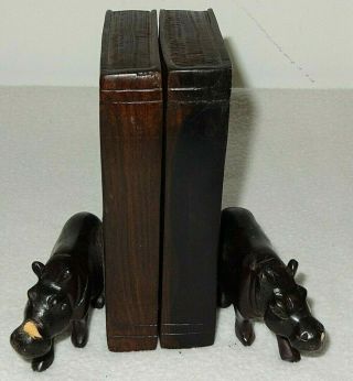 Wood Carved Hippo Figurine Bookends   A2