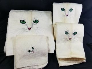 Vintage R A Briggs 4 - Piece Towel Set,  White W/green - Eyed Cat 