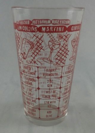 Vintage Federal Cocktail Drink 7 Recipe 12 Oz Shaker Bar Mixer Glass White Print
